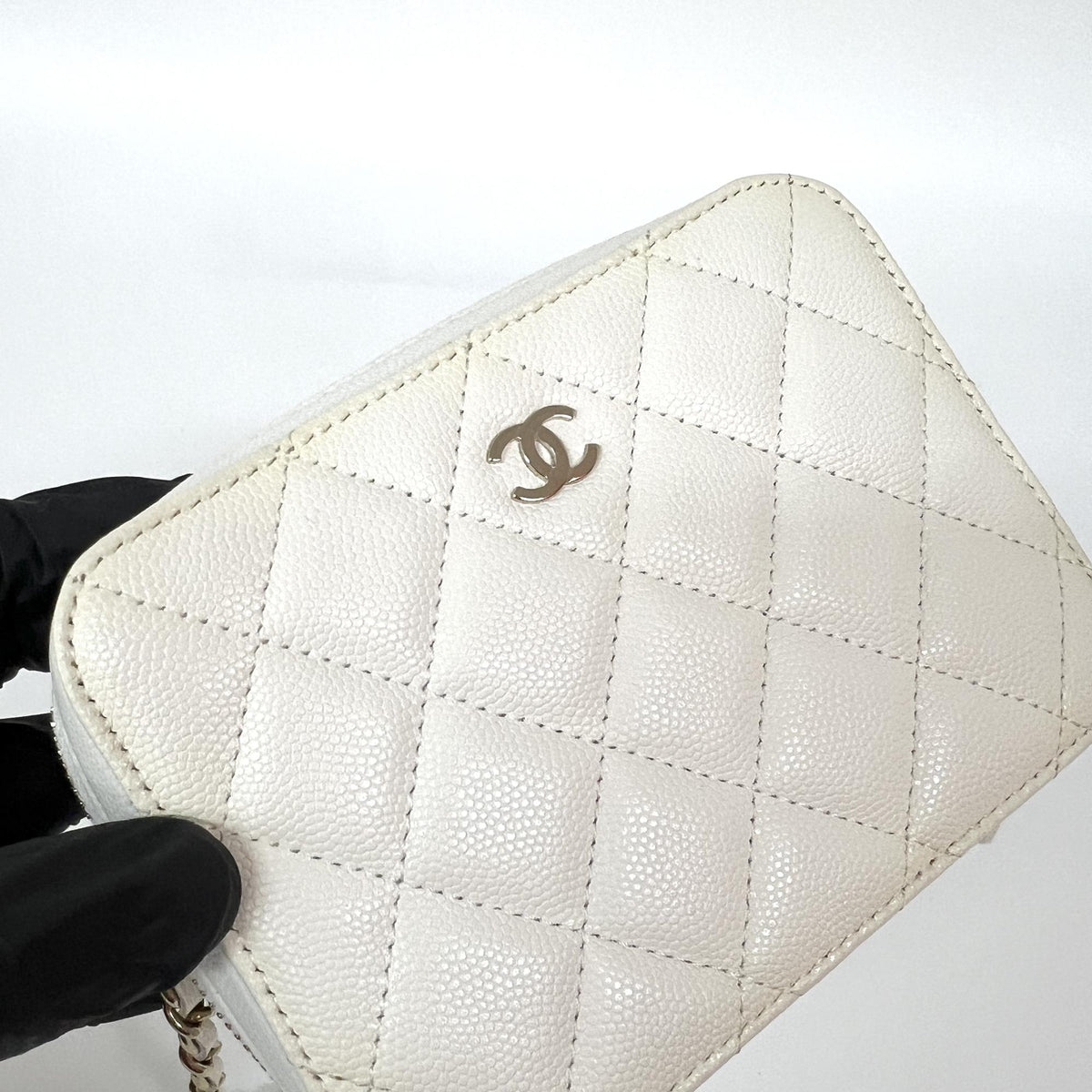 Chanel Square CC Chain Camera Quilted Caviar, White, Leather, Shoulder Bag