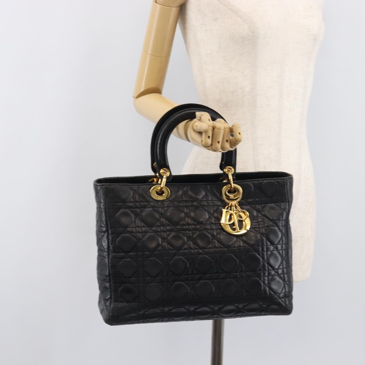 Christian Dior Vintage Lady Dior Cannage Quilt Lambskin, Black, Leather, Handbag