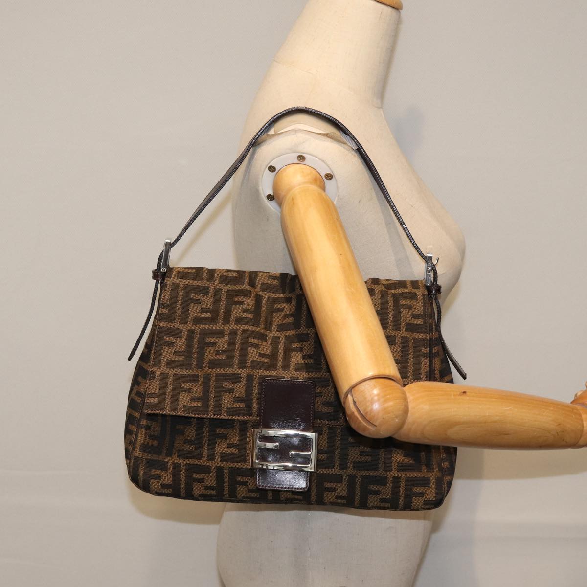 Fendi Mamma Baguette, Brown, Canvas, shoulder