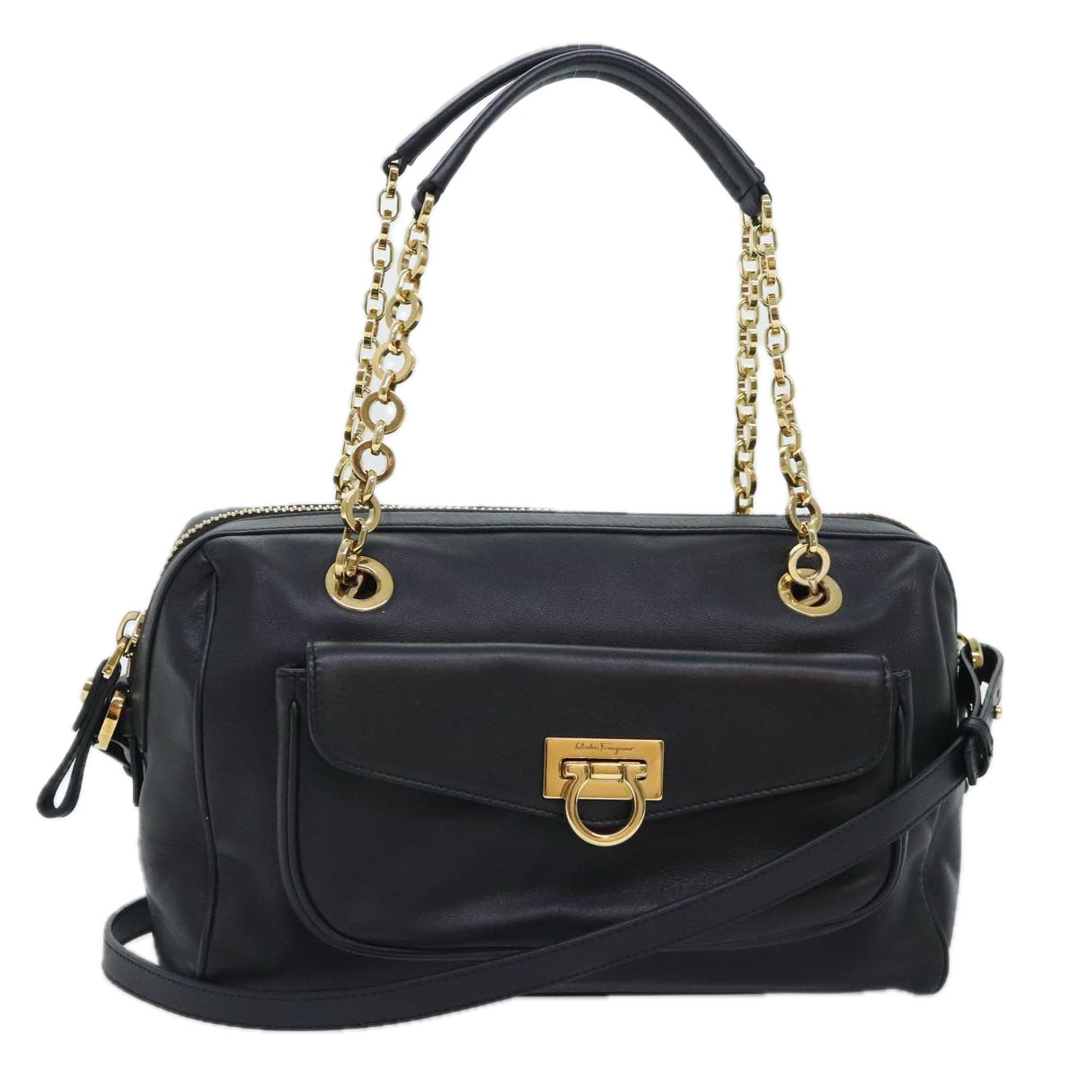 Salvatore Ferragamo Gancini, Black, Leather, shoulder