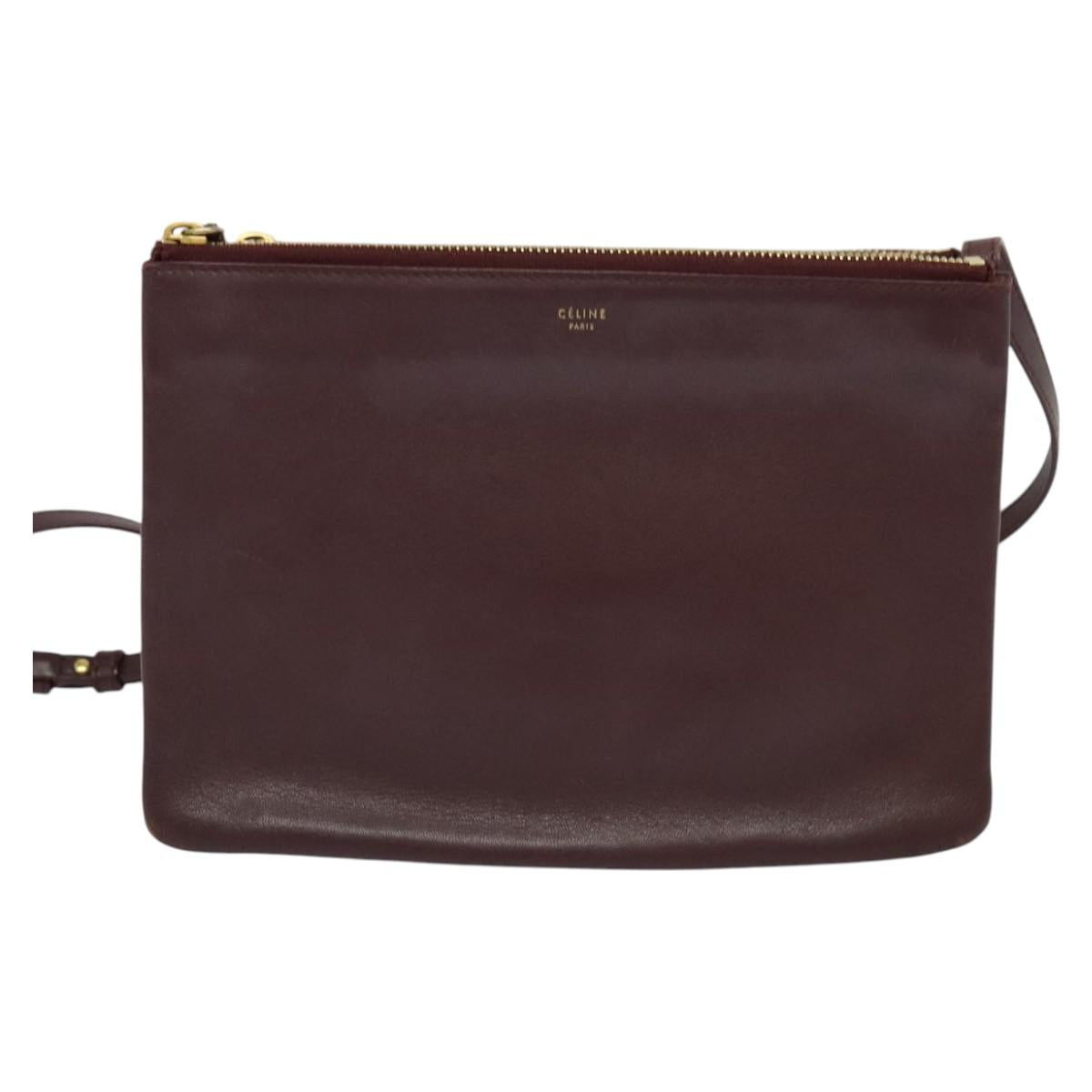 Celine Trio Crossbody Bag Leather, BURGUNDY, LEATHER, Crossbody bag