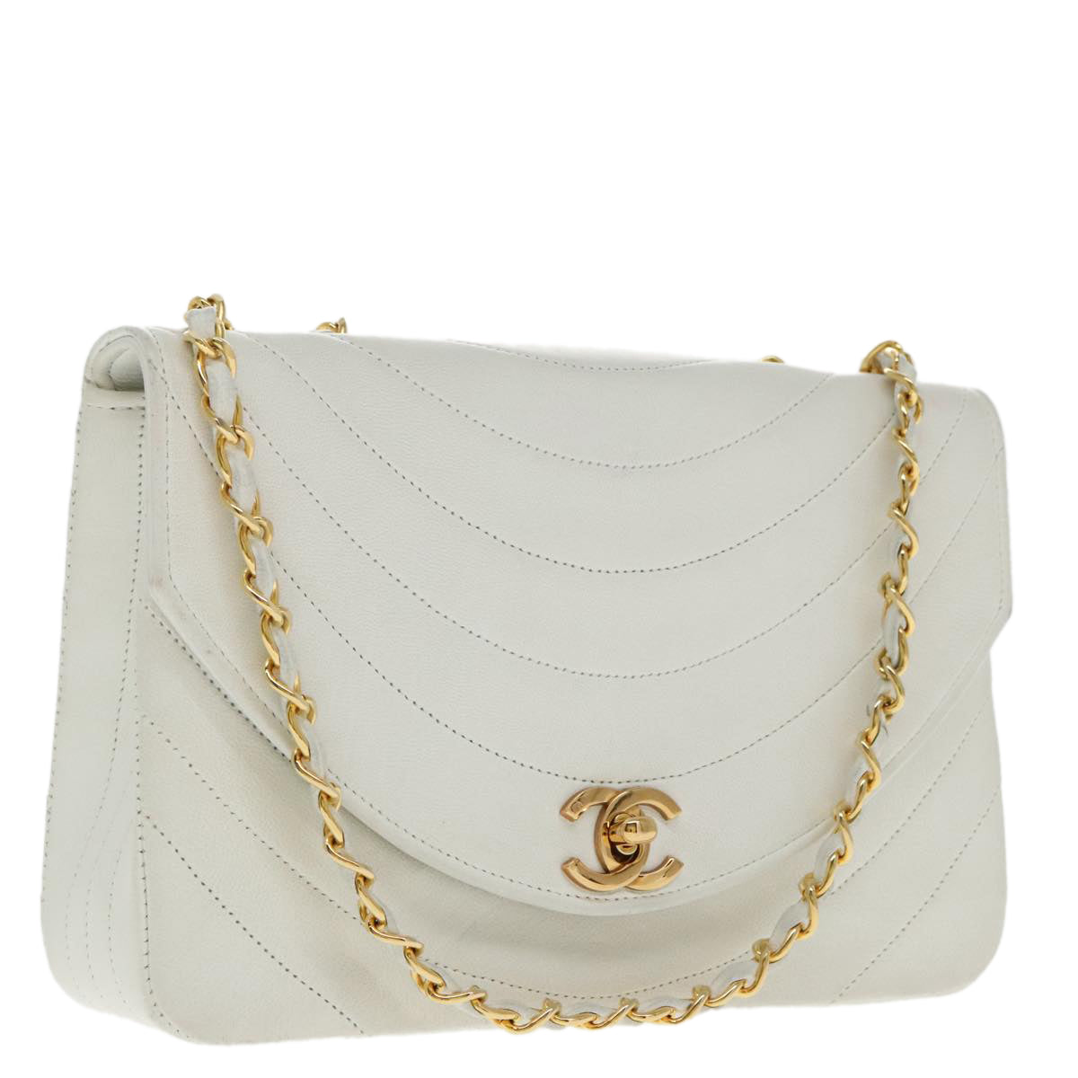 Chanel Demi Lune, White, Leather, shoulder