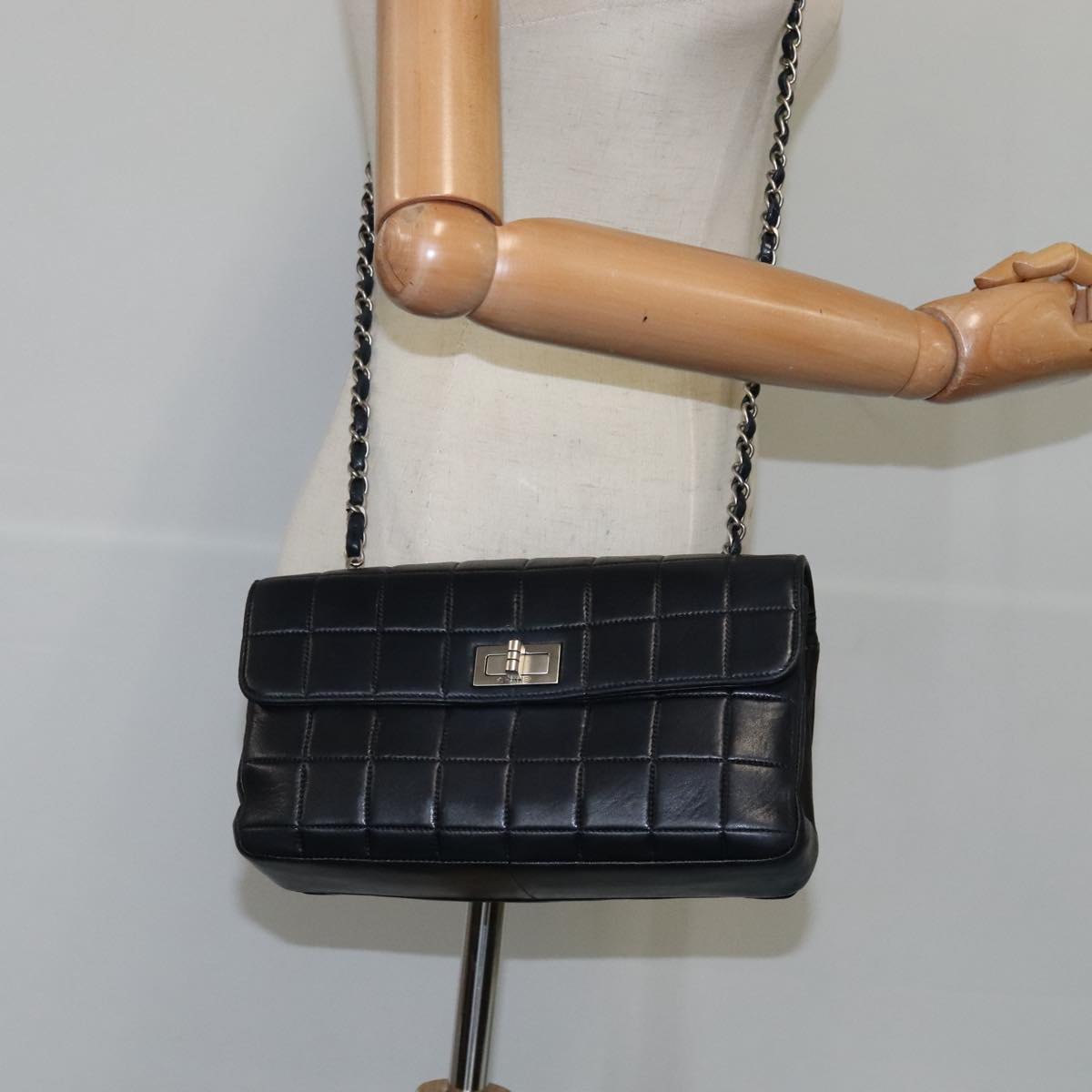 Chanel Chocolate bar, Black, Leather, shoulder