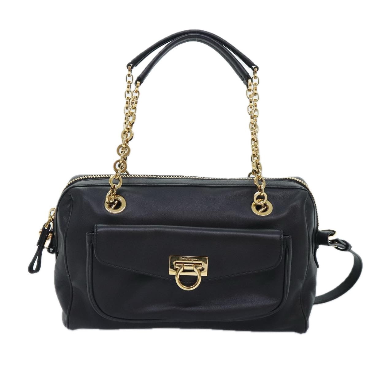 Salvatore Ferragamo Gancini, Black, Leather, shoulder