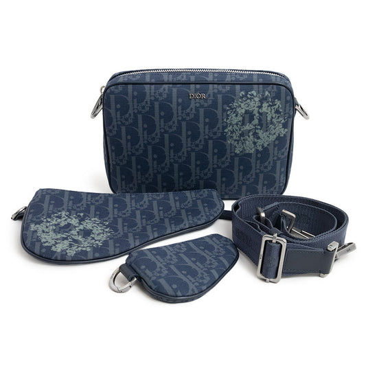 Christian Dior Saddle Tripple Pouch Oblique jacquard, Black, Denim, Crossbody Bag