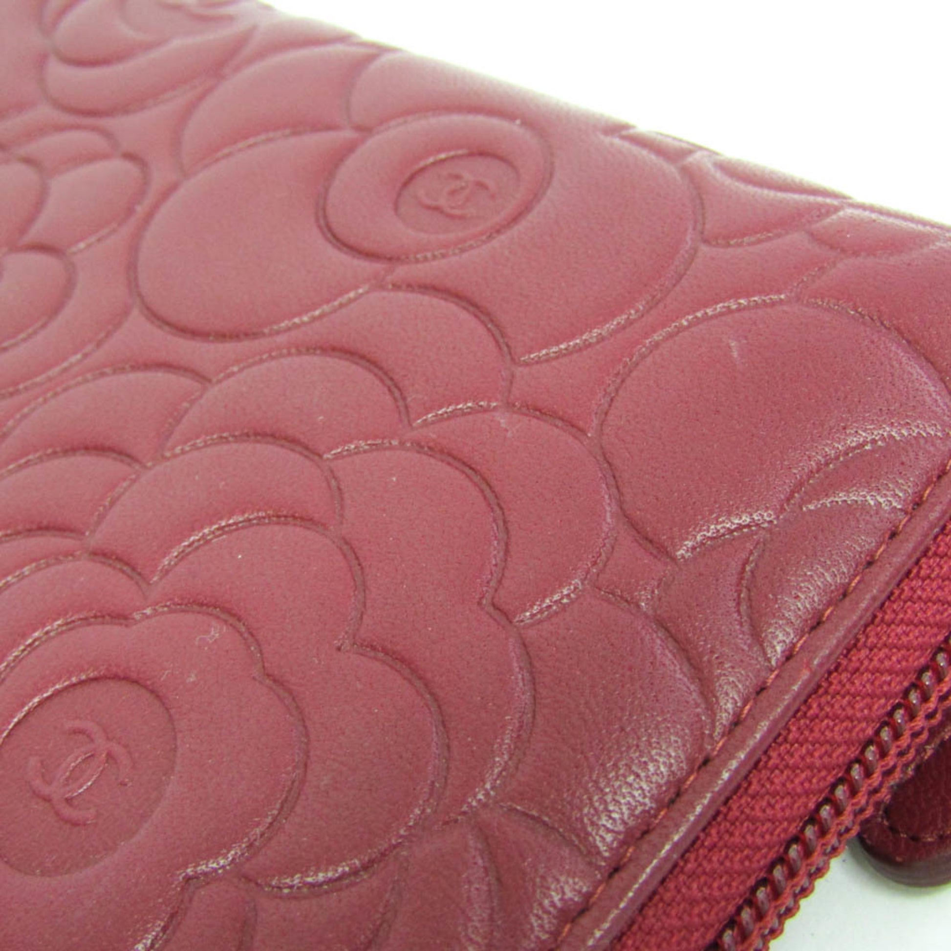 Chanel Camellia Zip Around Organizer Leather, Burgundy, Leather, Wallet