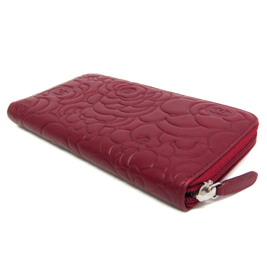 Chanel Camellia Zip Around Organizer Leather, Burgundy, Leather, Wallet