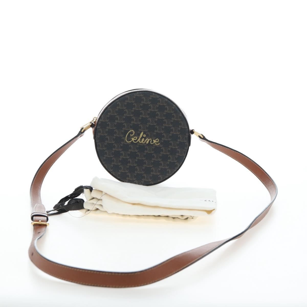 Celine Round Purse on Strap Triomphe Coated Canvas, Black, PVC, Shoulder Bag
