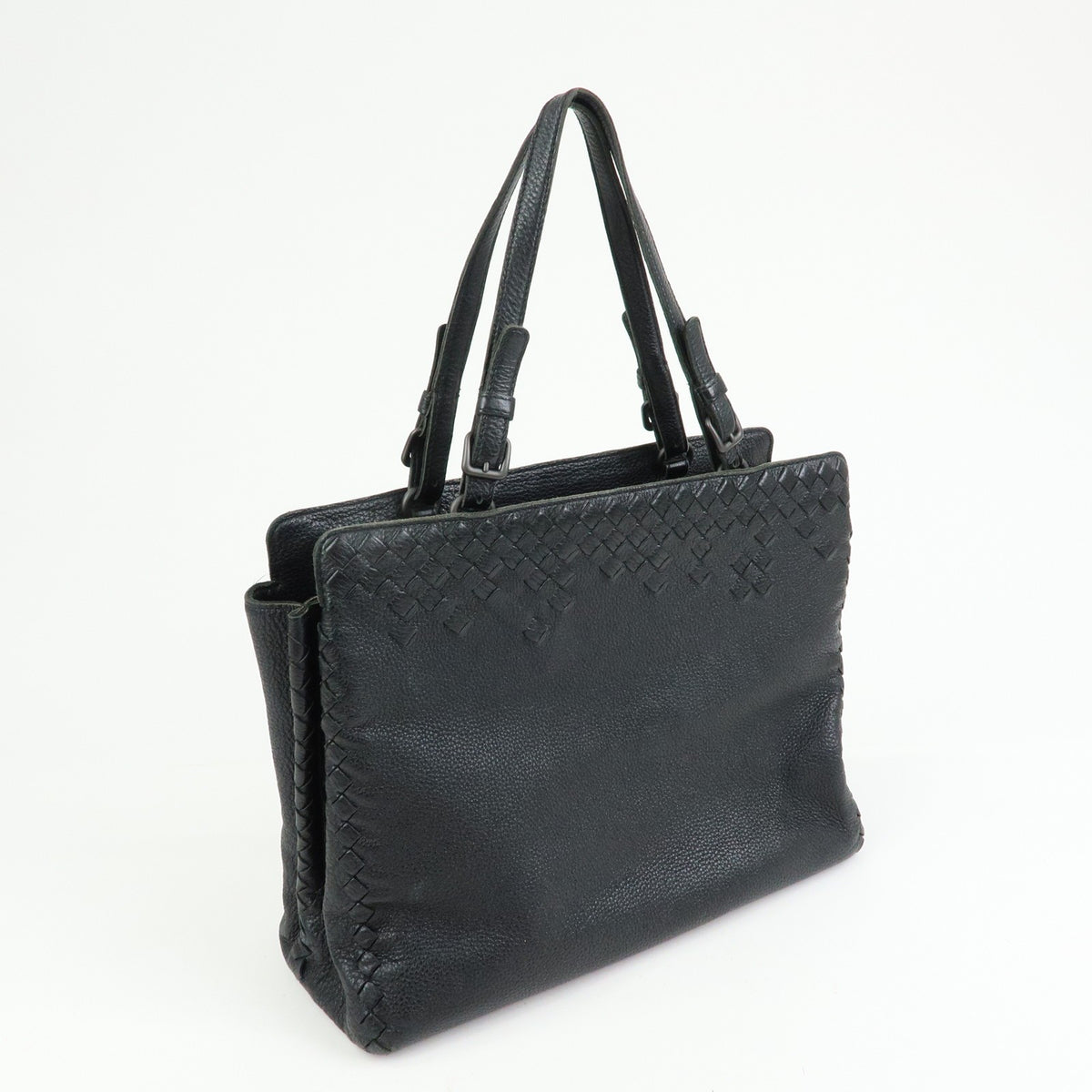 Bottega Veneta A-Shape Leather with Intrecciato Detail, Black, Leather, Tote Bag