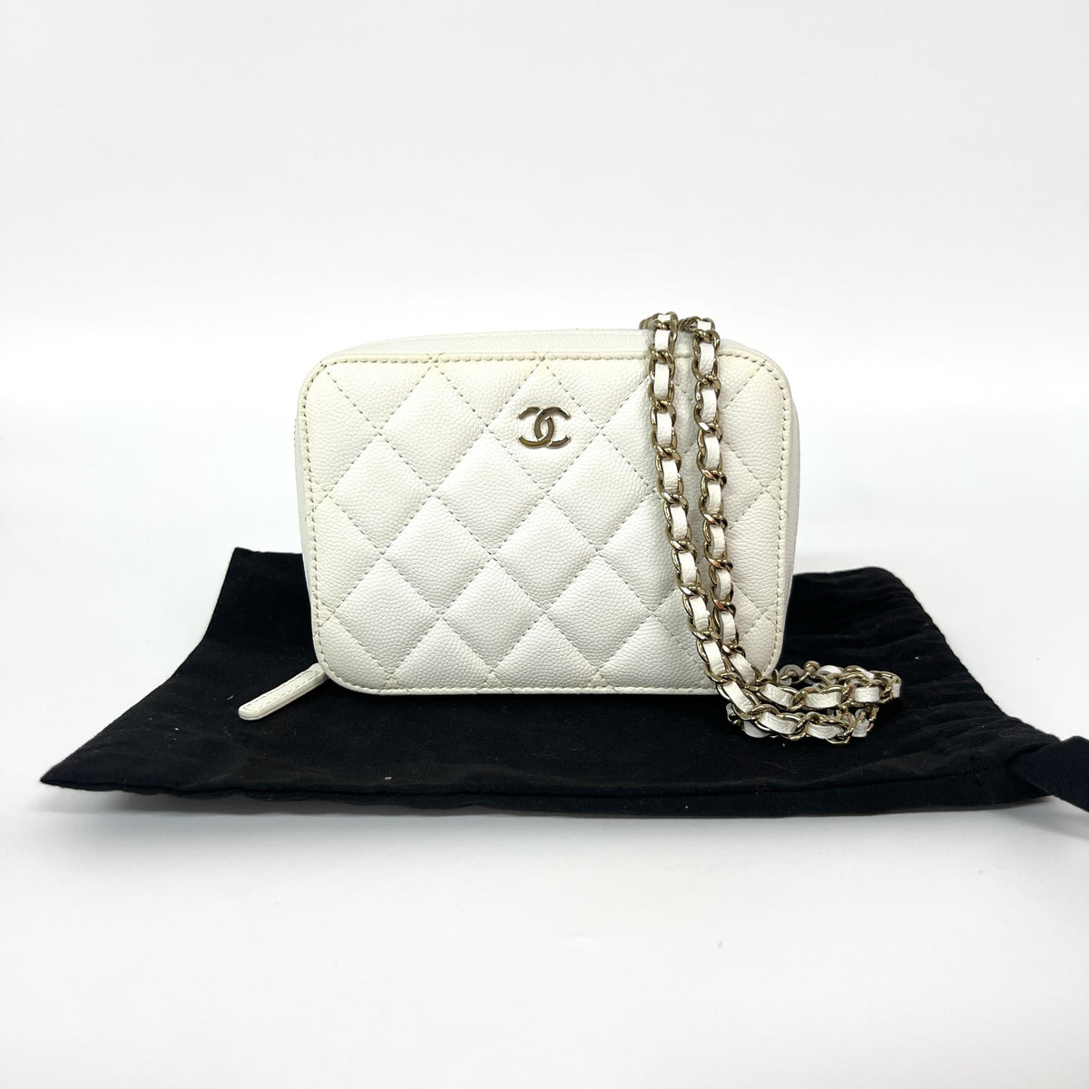 Chanel Square CC Chain Camera Quilted Caviar, White, Leather, Shoulder Bag