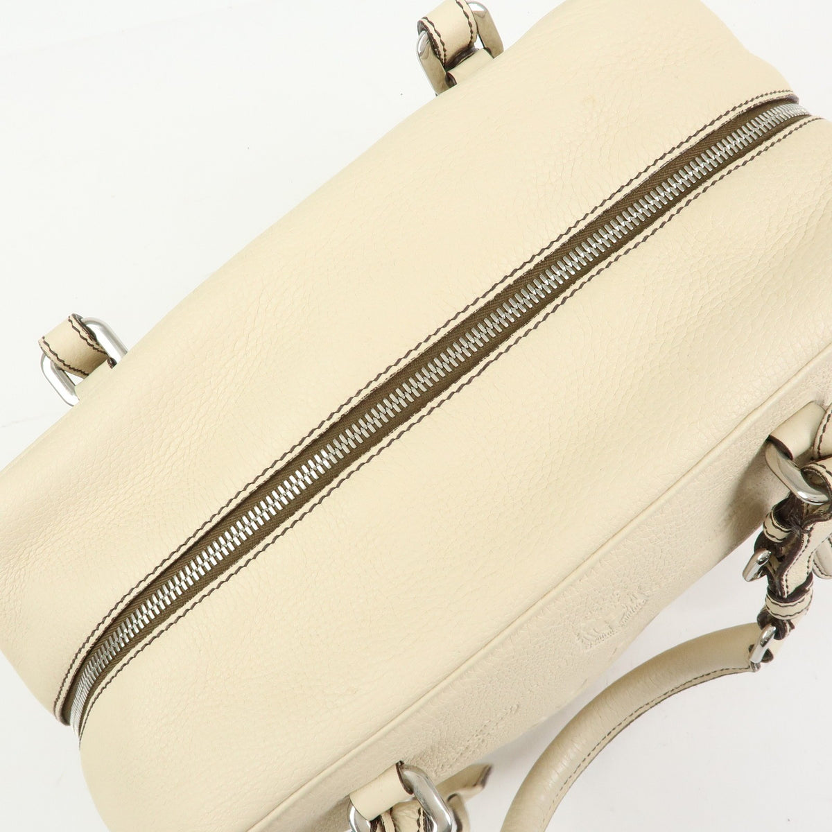 Prada Embossed Logo Bauletto Vitello Daino, Beige, Leather, Handbag