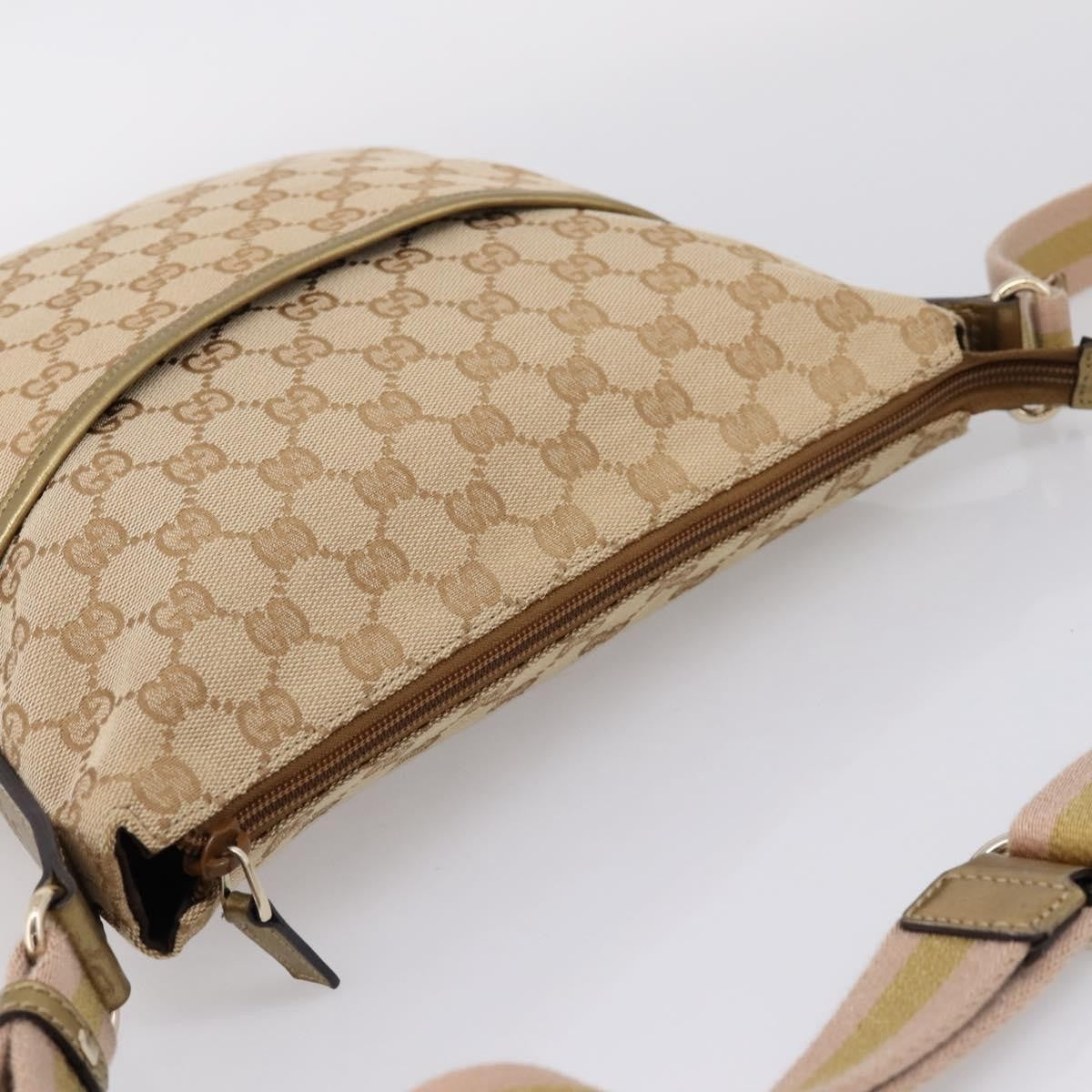 Gucci Zip Messenger GG Canvas with Perforated Leather, Beige, Canvas, Handbag