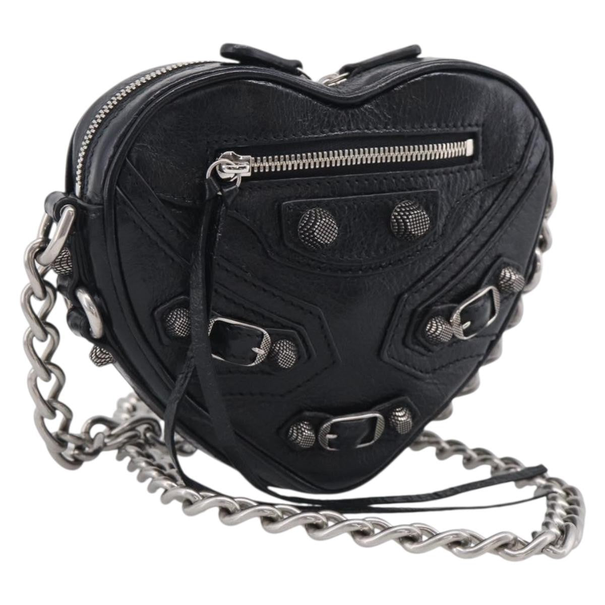 Balenciaga Le Cagole Giant Studs Heart Chain Leather, Black, Leather, Handbag