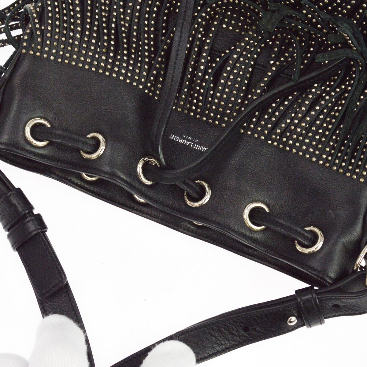 Saint Laurent Fringe Emmanuelle Bucket Studded Leather, Black, Leather, Handbag