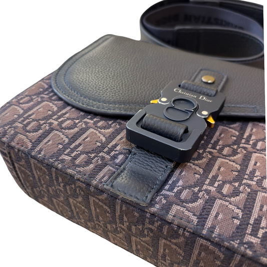 Christian Dior Saddle Flap Messenger Oblique Canvas and Leather, Blue, Canvas, Shoulder Bag