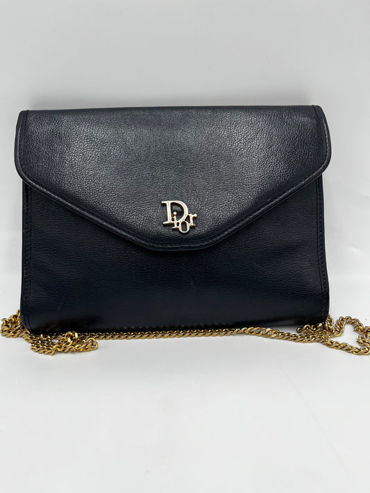 Christian Dior Vintage CD Chain  Shoulder Bag Leather, Black, Leather, Clutch