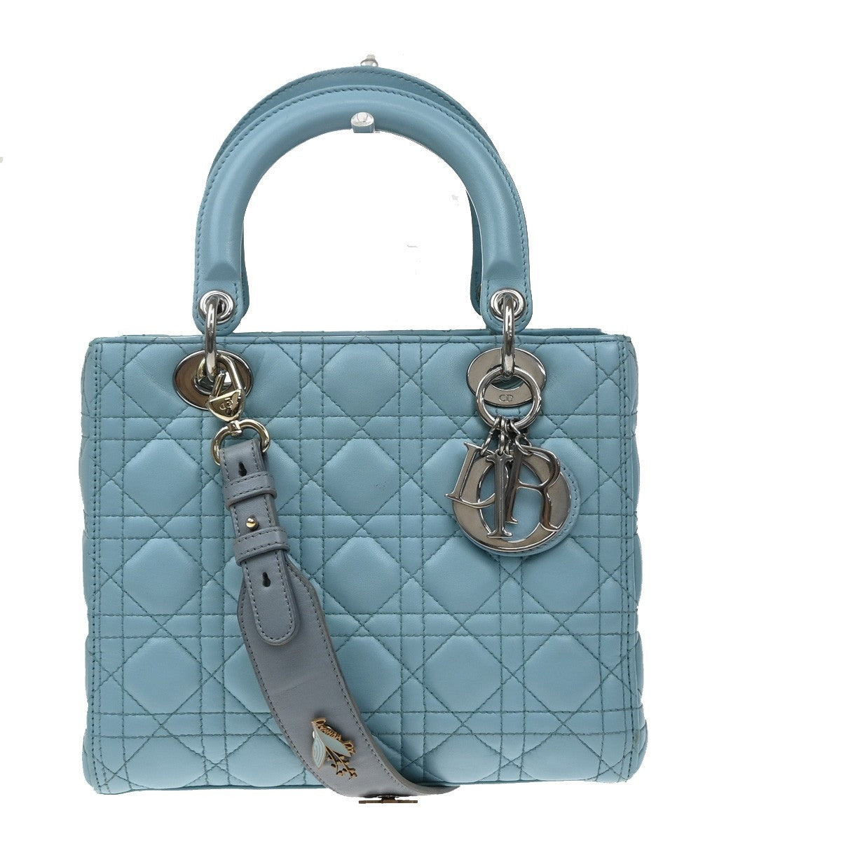 Christian Dior Lady Dior Cannage Quilt Lambskin, Blue, Leather, Handbag