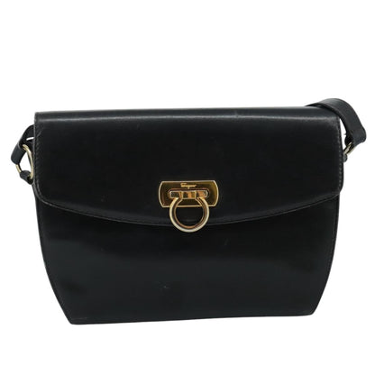 Salvatore Ferragamo Gancini Flap Leather, Black, Leather, Shoulder Bag