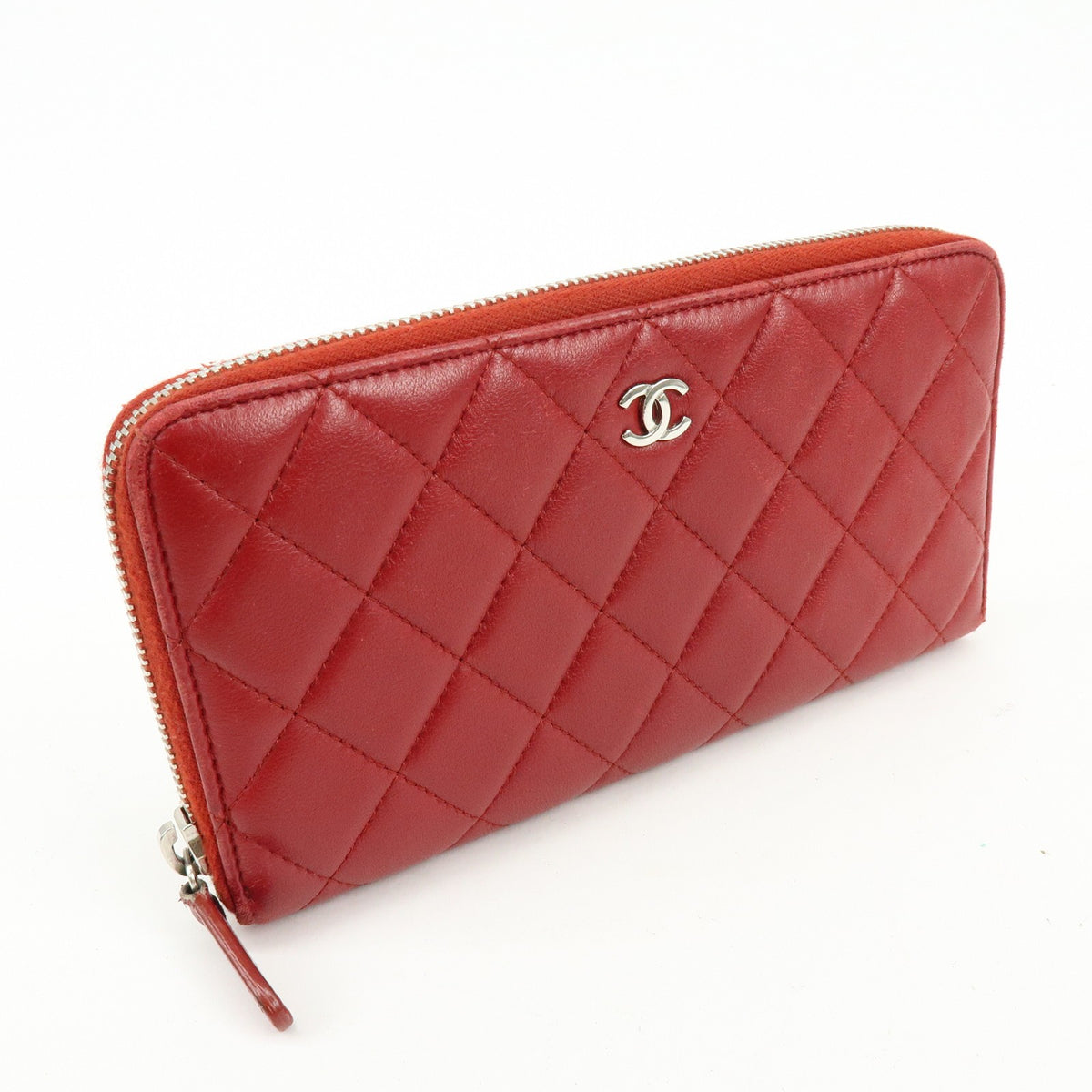 Chanel Zip Around Quilted Lambskin, Red, Leather, Wallet