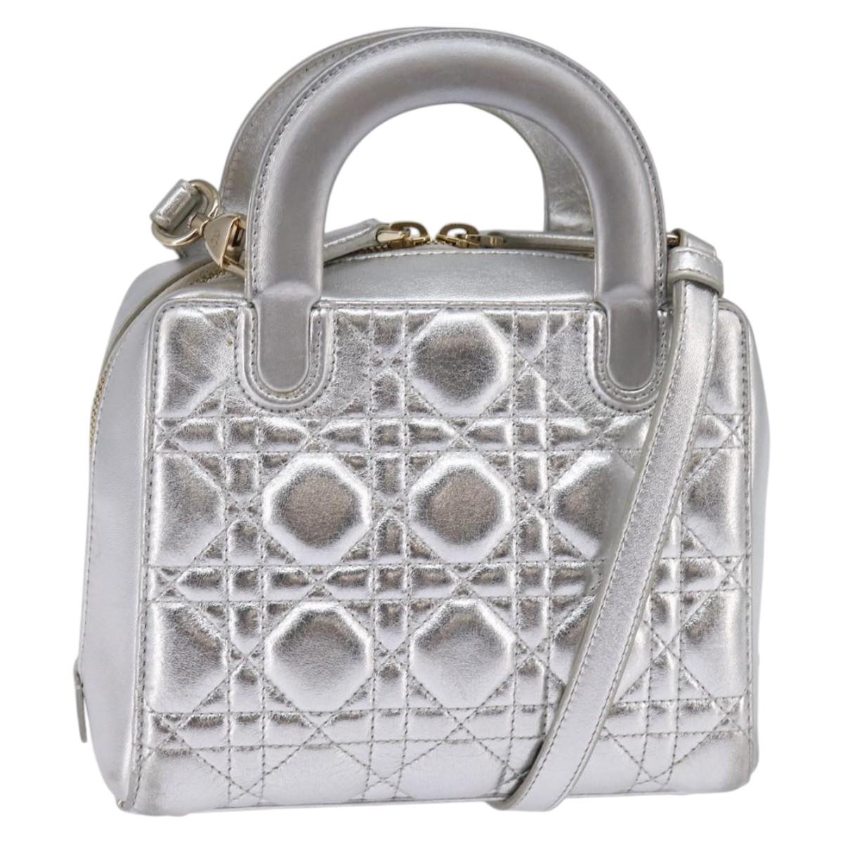 Christian Dior Cannage Granville Mini Bowling Bag Metallic Leather, Silver, Leather, Crossbody Bag