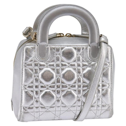 Christian Dior Cannage Granville Mini Bowling Bag Metallic Leather, Silver, Leather, Crossbody Bag