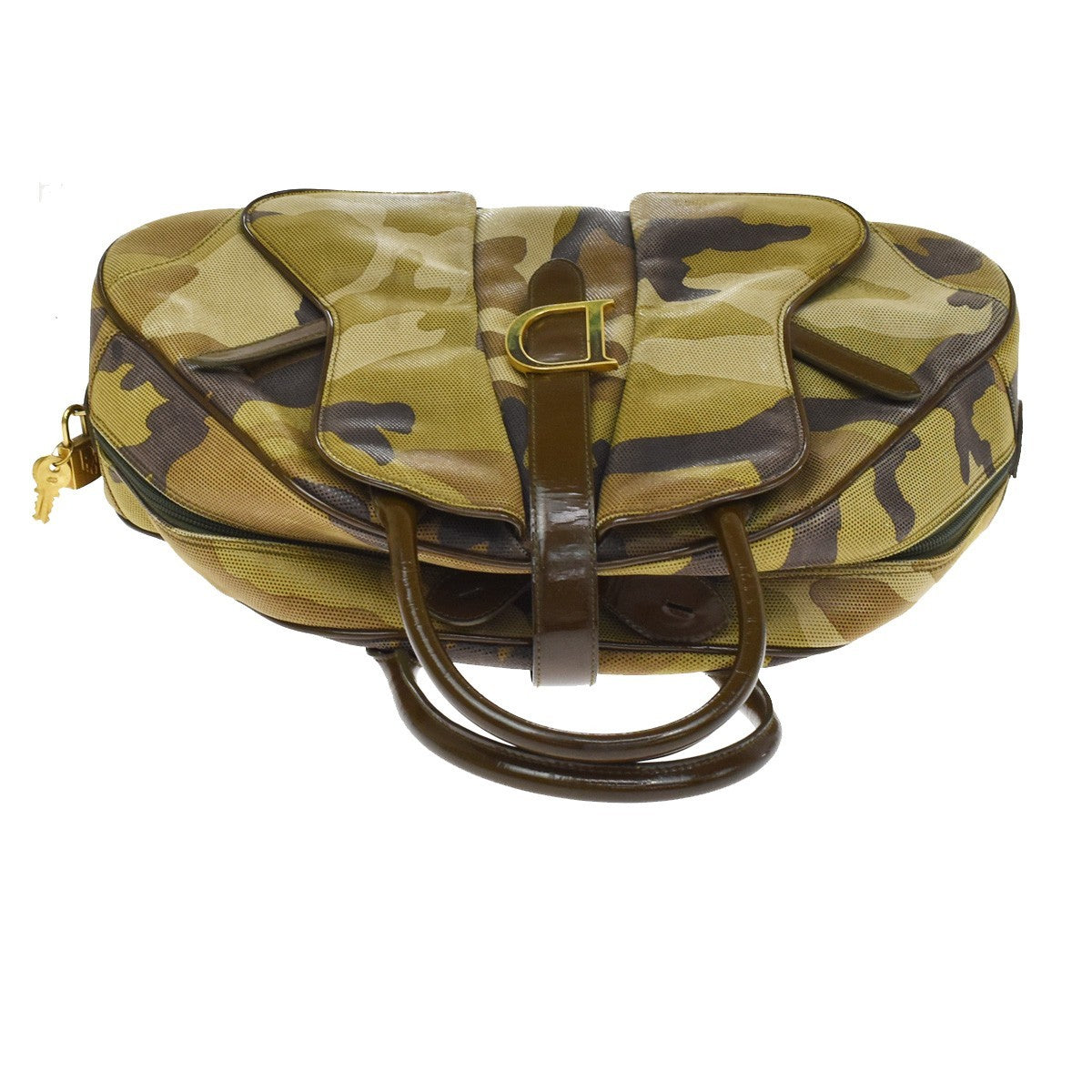 Christian Dior Vintage Saddle Bowler Camouflage Printed Pixelated Leather, Khaki, Canvas, Handbag
