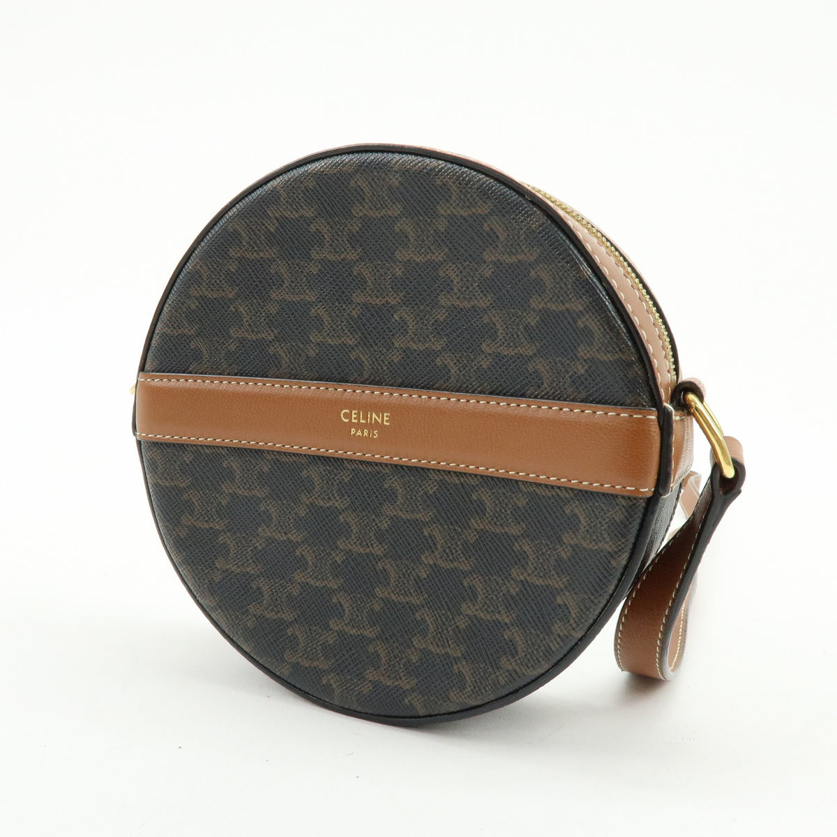 Celine Round Purse on Strap Triomphe Coated Canvas, Brown, Canvas, Crossbody Bag