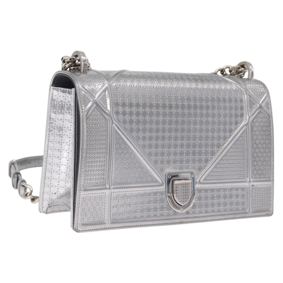 Christian Dior Diorama Flap Patent, Silver, Patent Leather, Handbag