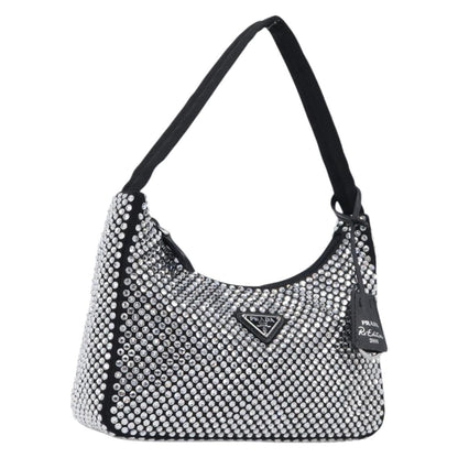 Prada Re-Edition 2000 Hobo Crystal Embellished Satin, Silver, Silk, Shoulder Bag
