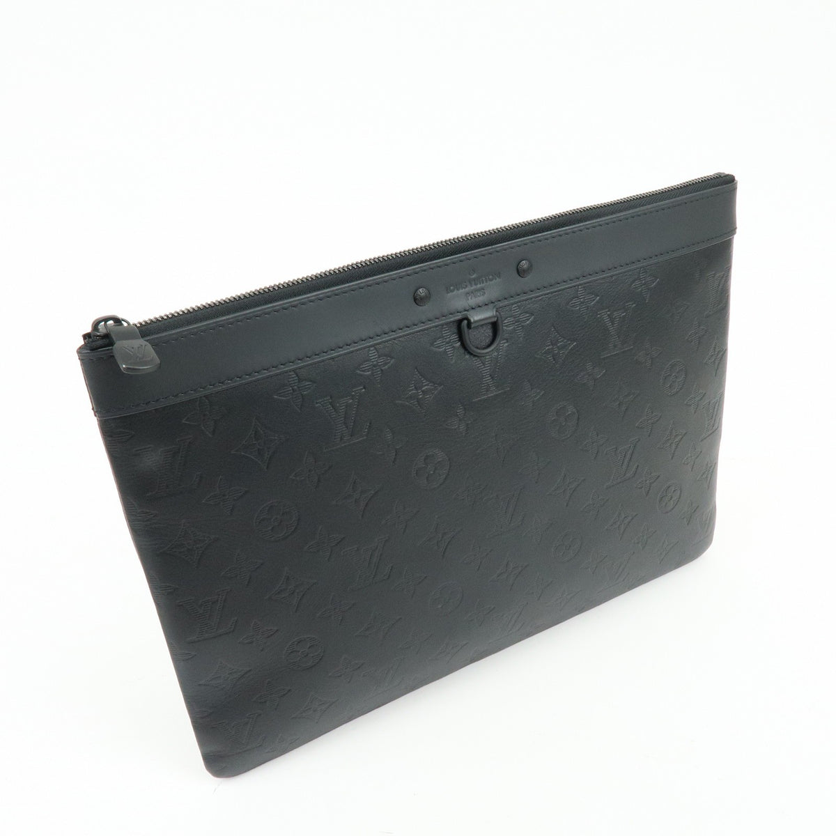 Louis Vuitton Discovery Pochette Monogram Shadow Leather, Black, Leather, Clutch