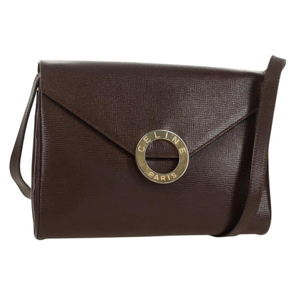 Celine Circle Logo Leather, Brown, Leather, Shoulder Bag