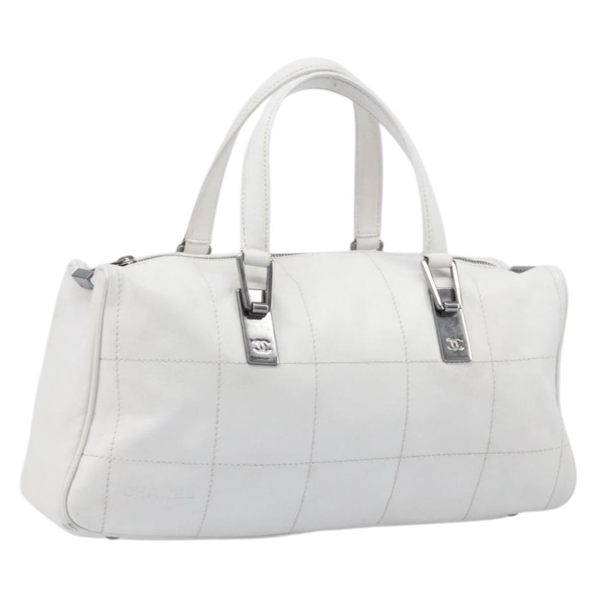 Chanel Square Stitch CC Boston Quilted Leather, White, Leather, Handbag