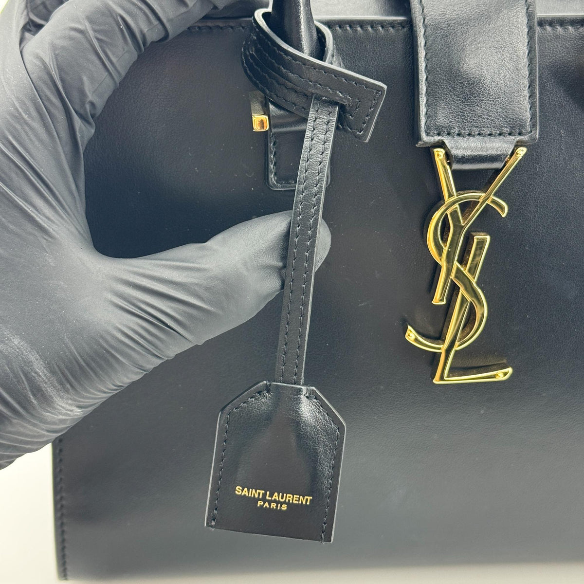 Saint Laurent Convertible Monogram Cabas Leather, Black, Leather, Tote Bag