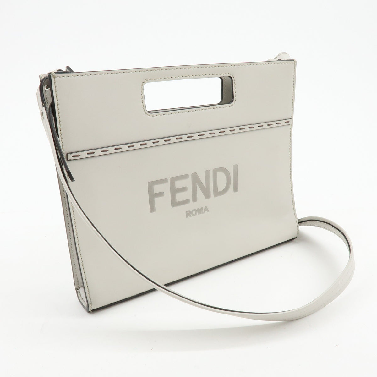Fendi Logo Cut-Out Handle Shopper Embossed Leather, Gray, Leather, Tote Bag