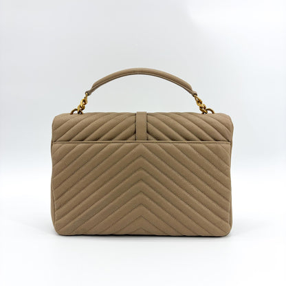 Saint Laurent Classic Monogram College Matelasse Chevron Leather, Beige, Leather, Handbag