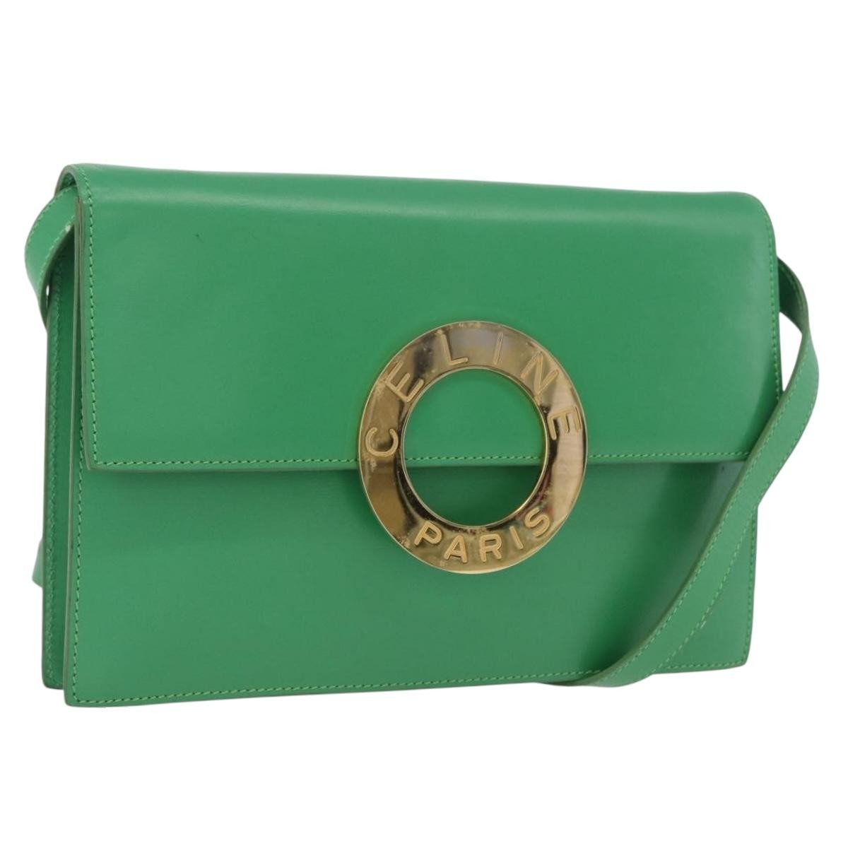 Celine Circle Logo Leather, Green, Leather, Shoulder Bag