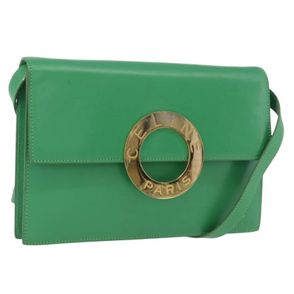 Celine Circle Logo Leather, Green, Leather, Shoulder Bag