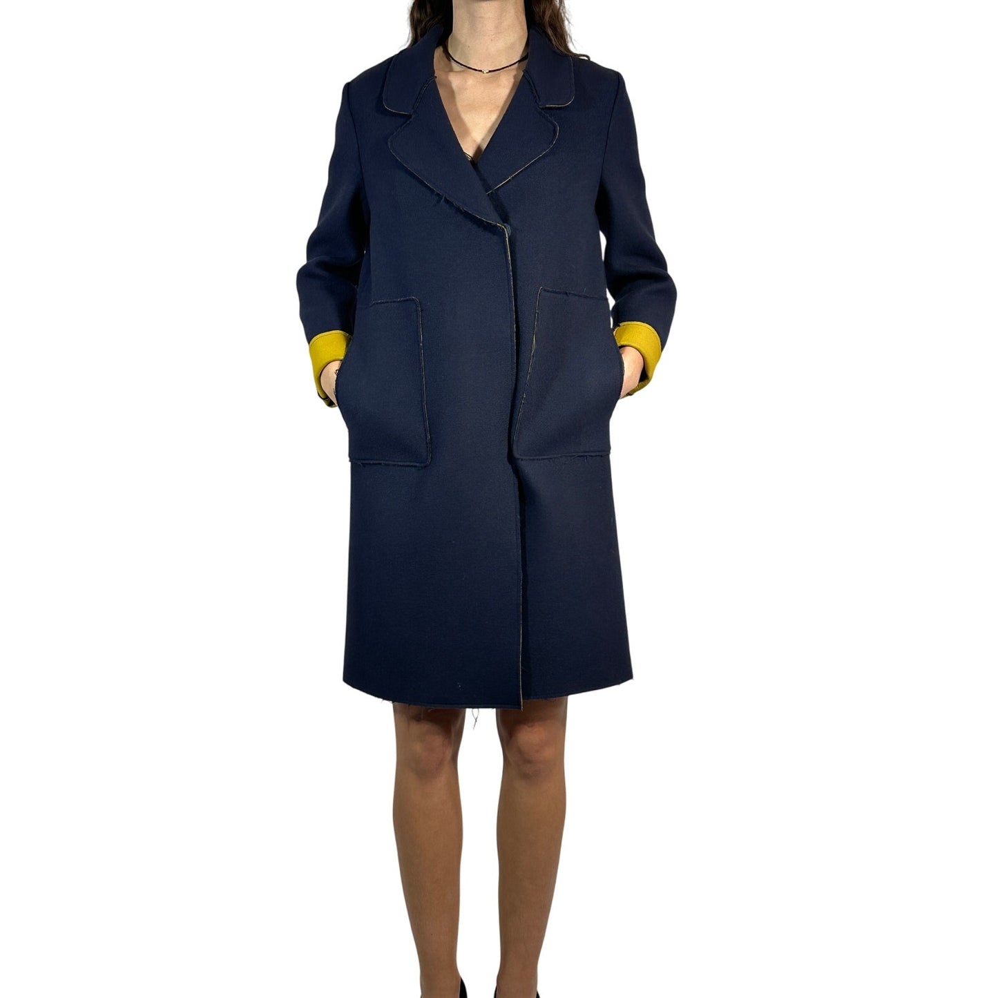 SONIA SPECIALE Wool Blend Trench Coat Double Breasted Blue Yellow Women's 44