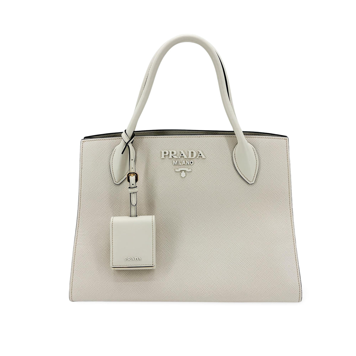 Prada Monochrome Saffiano with City Calf, White, Leather, Tote Bag