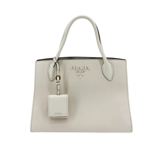 Prada Monochrome Saffiano with City Calf, White, Leather, Tote Bag