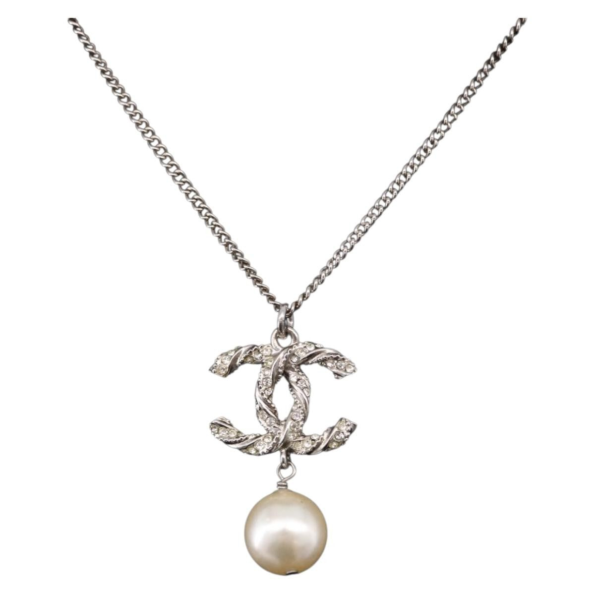 Chanel CC Pearl Drop Pendant Metal with Faux Pearl, Silver, Metal, Necklace