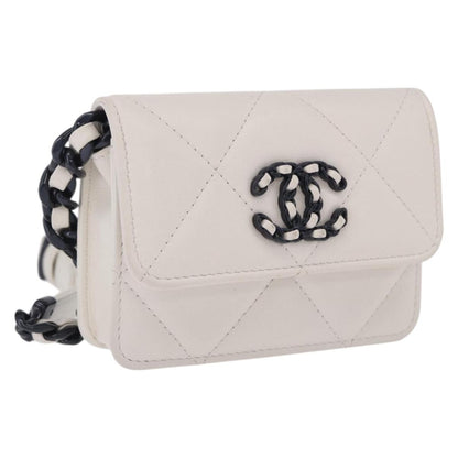 Chanel 19 Flap Coin Purse Belt Quilted Lambskin, White, Leather, Clutch