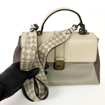 Bottega Veneta Piazza Top Handle Leather with Intrecciato Detail, Gray, Leather, Handbag