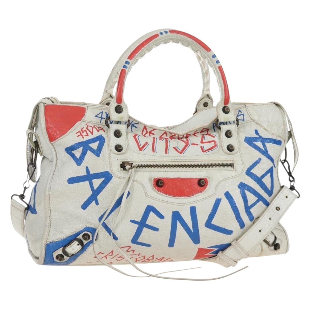 Balenciaga City Graffiti Classic Studs Leather, White, Leather, Handbag
