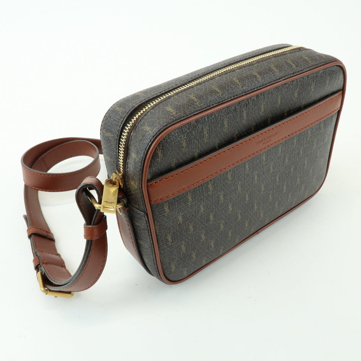 Saint Laurent Le Monogramme Camera Monogram All Over Coated Canvas and Leather, Brown, Canvas, Handbag