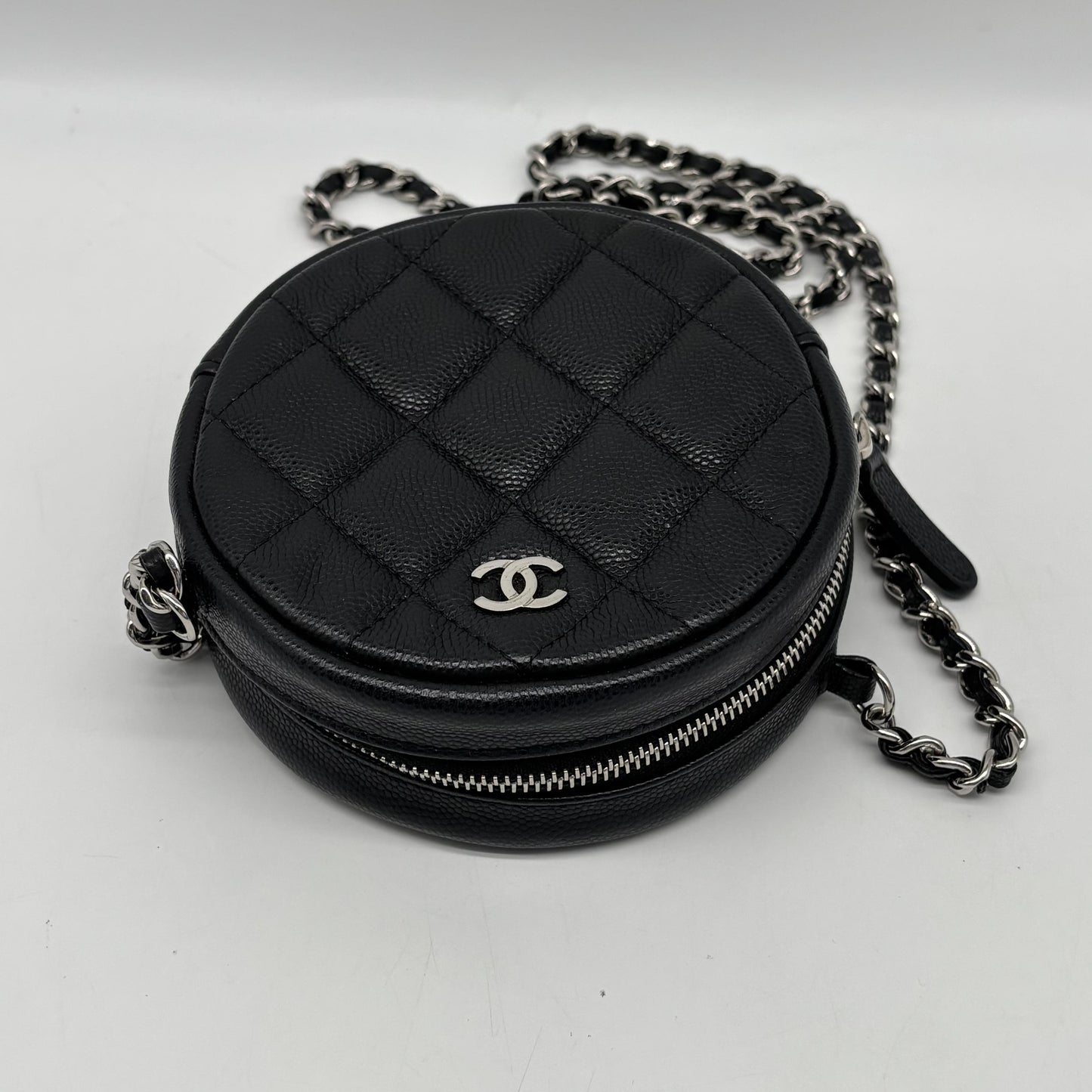 Chanel Handle with Care Round Vanity Case with Chain Quilted Caviar, Black, Calfskin, Clutch