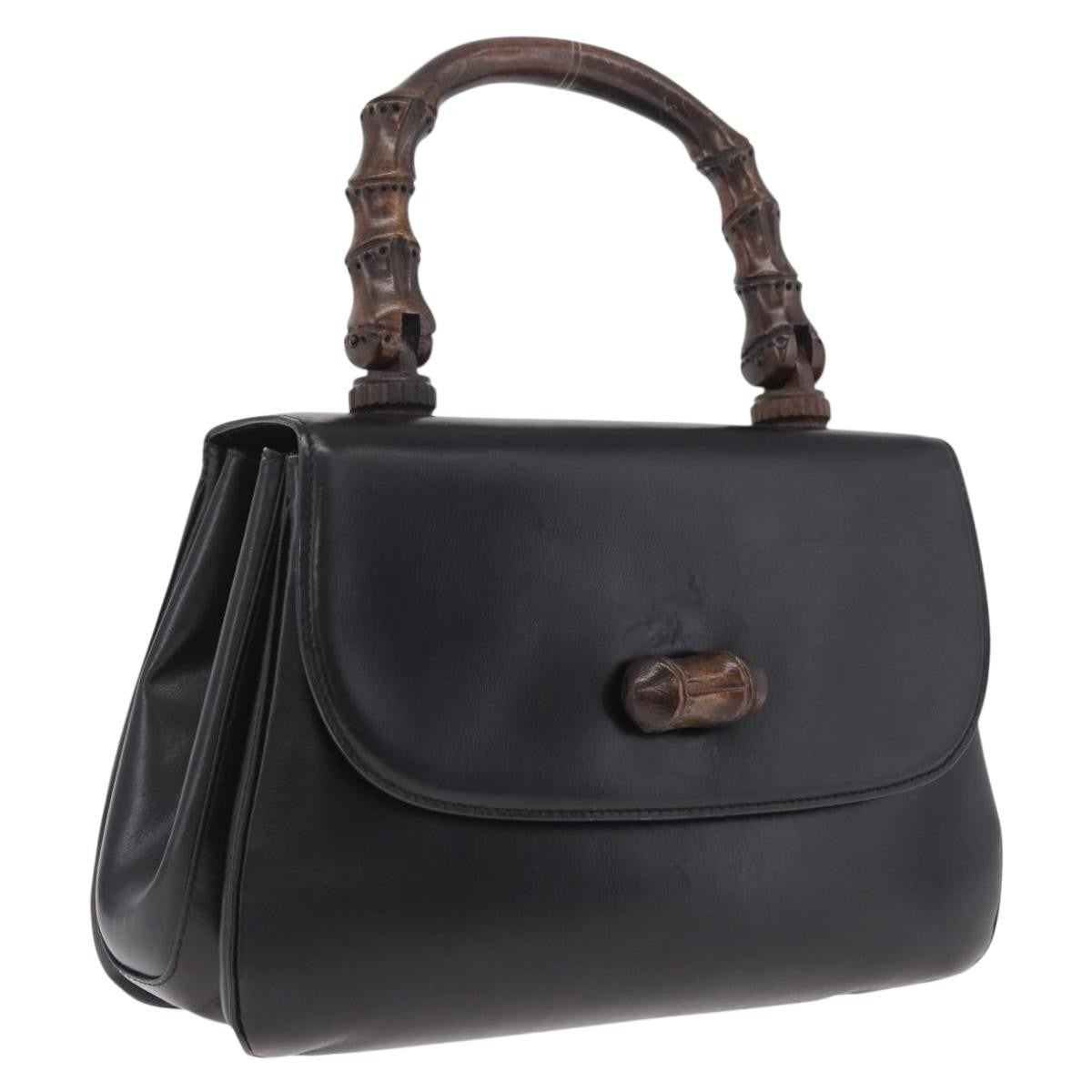 Gucci Vintage Bamboo Top Handle Leather, Black, Leather, Handbag