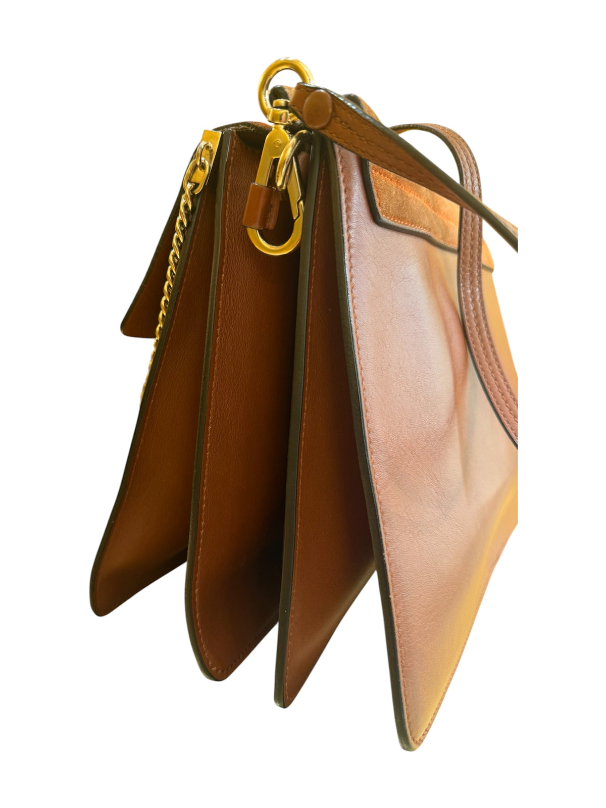 Chloe Faye Chain Leather and Suede, Brown, Leather, Shoulder Bag