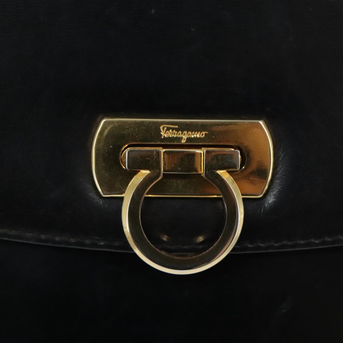 Salvatore Ferragamo Gancini Flap Leather, Black, Leather, Shoulder Bag