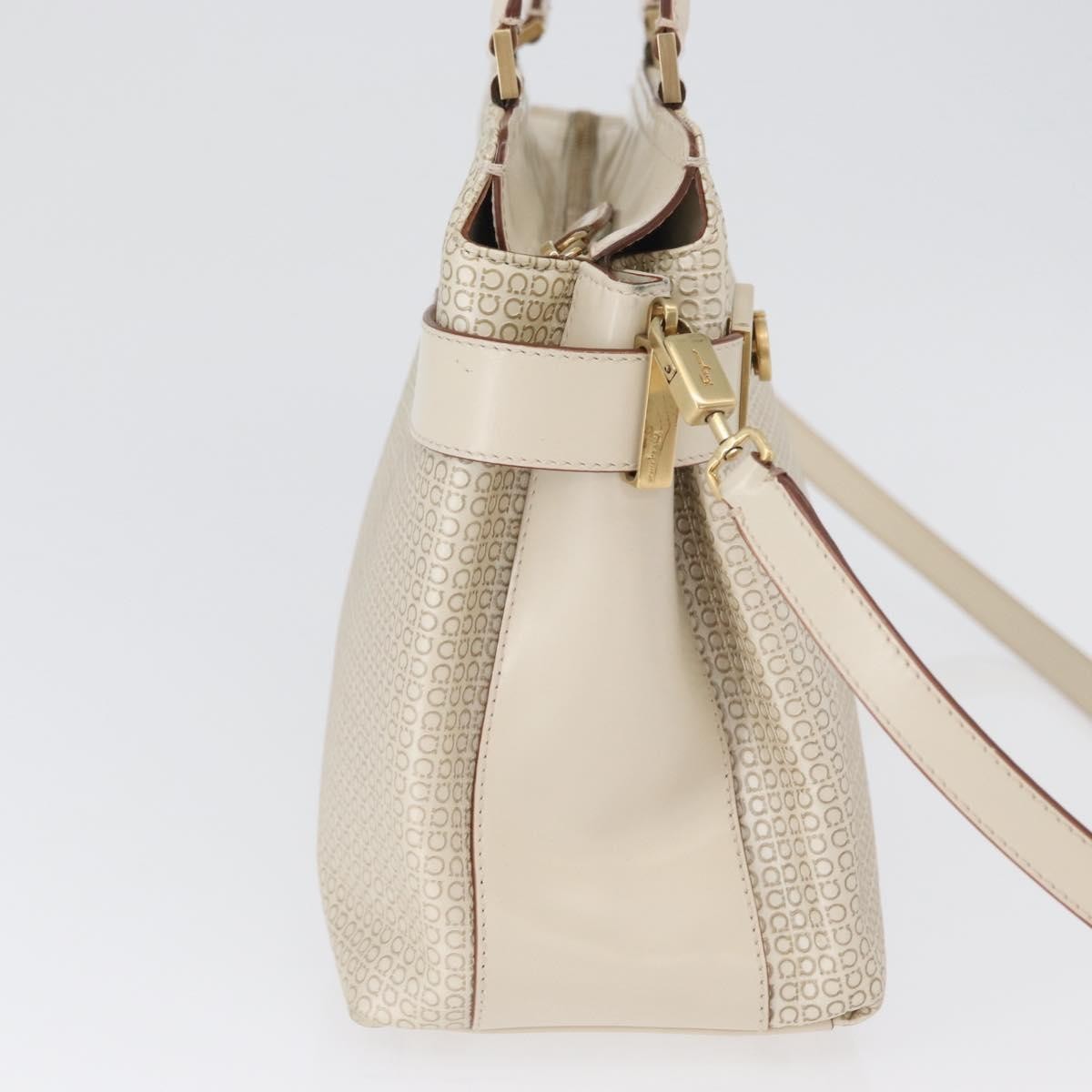 Salvatore Ferragamo Double Gancini Side Buckle Tote Leather, Beige, Leather, Handbag